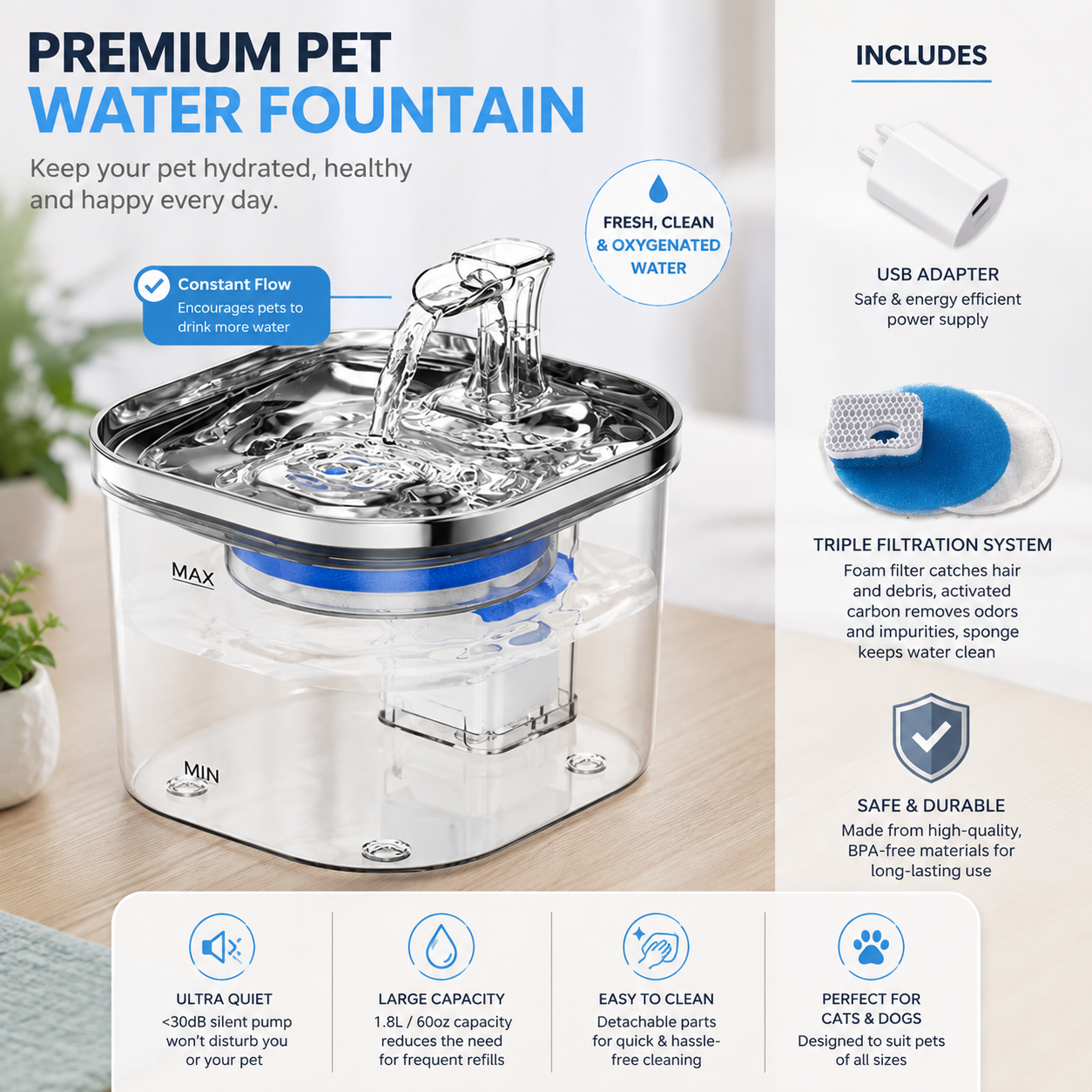 Stainless Steel Pet Water Fountain