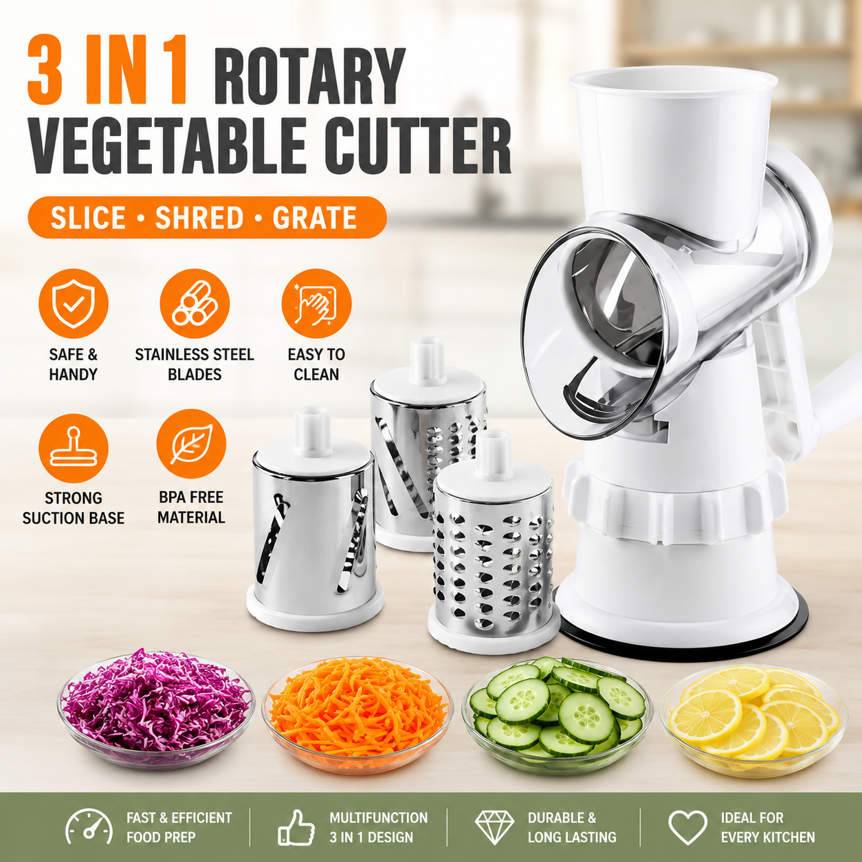 3-in-1 Manual Rotary Vegetable Slicer & Grater