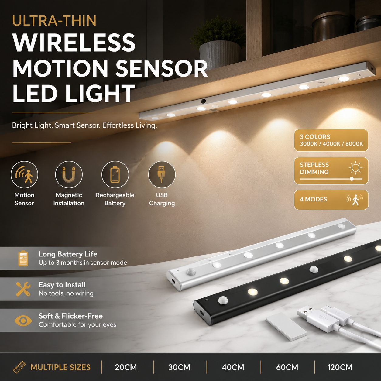 USB Rechargeable Motion Sensor LED Light Bar