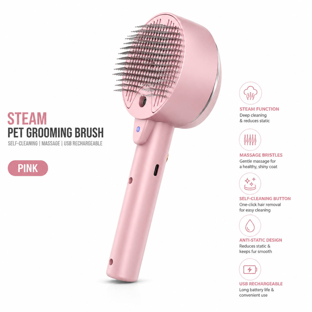 Steam Pet Grooming Brush – Mist Hair Remover for Cats & Dogs