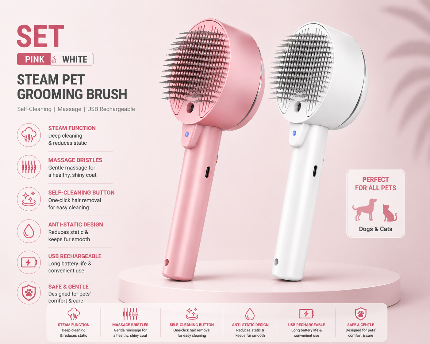 Steam Pet Grooming Brush – Mist Hair Remover for Cats & Dogs