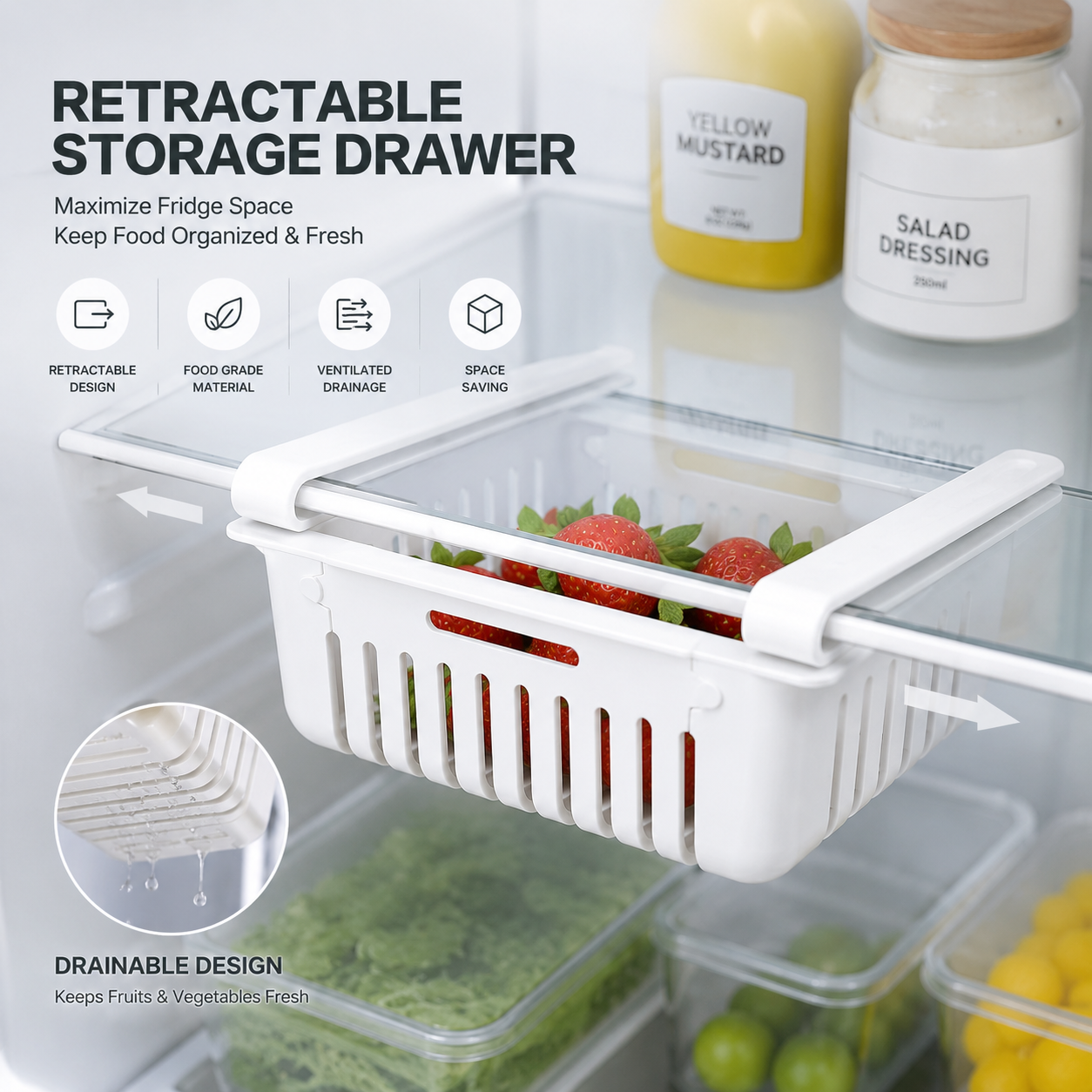 Retractable Fridge Storage Drawer & Organizer