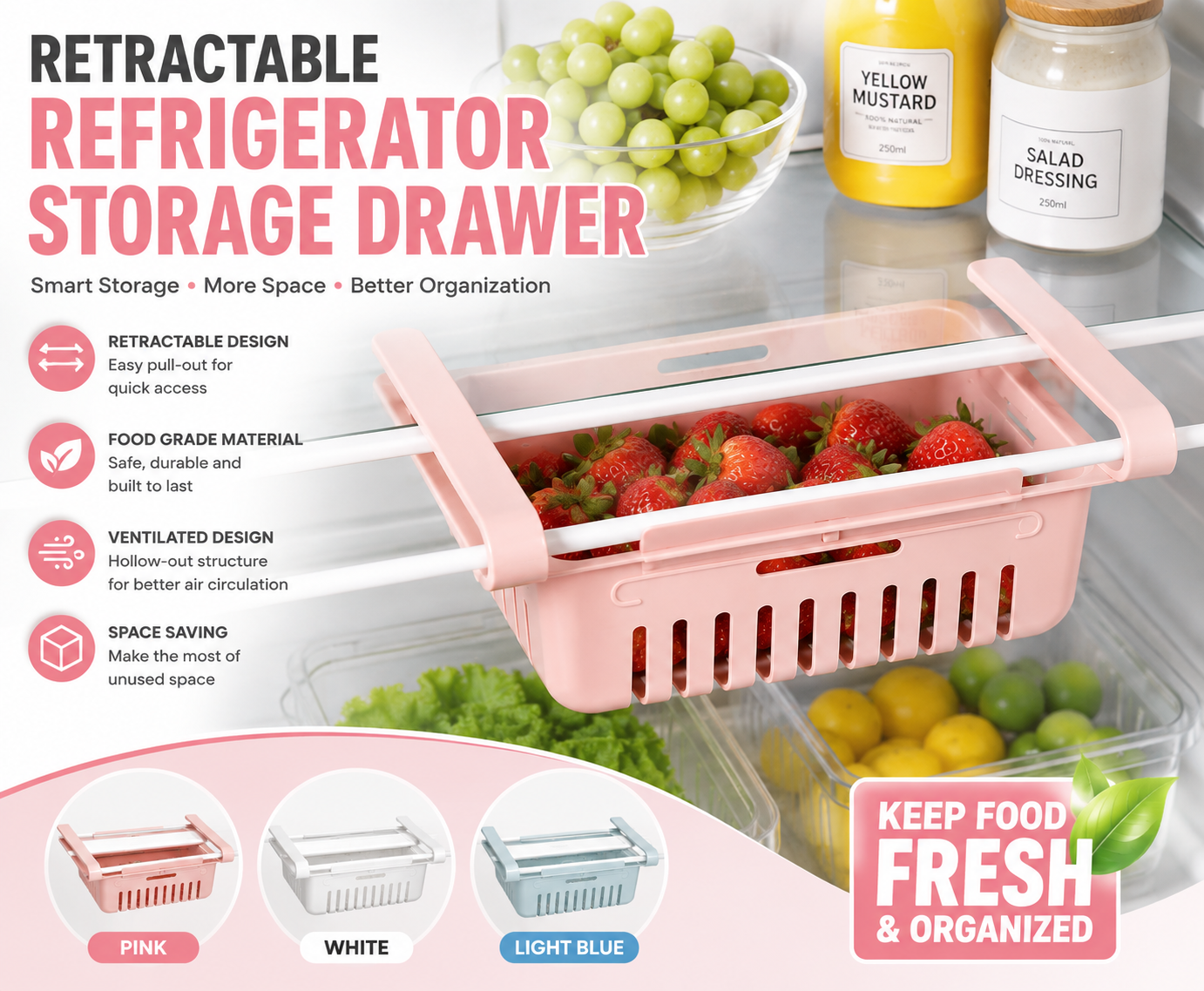 Retractable Fridge Storage Drawer & Organizer