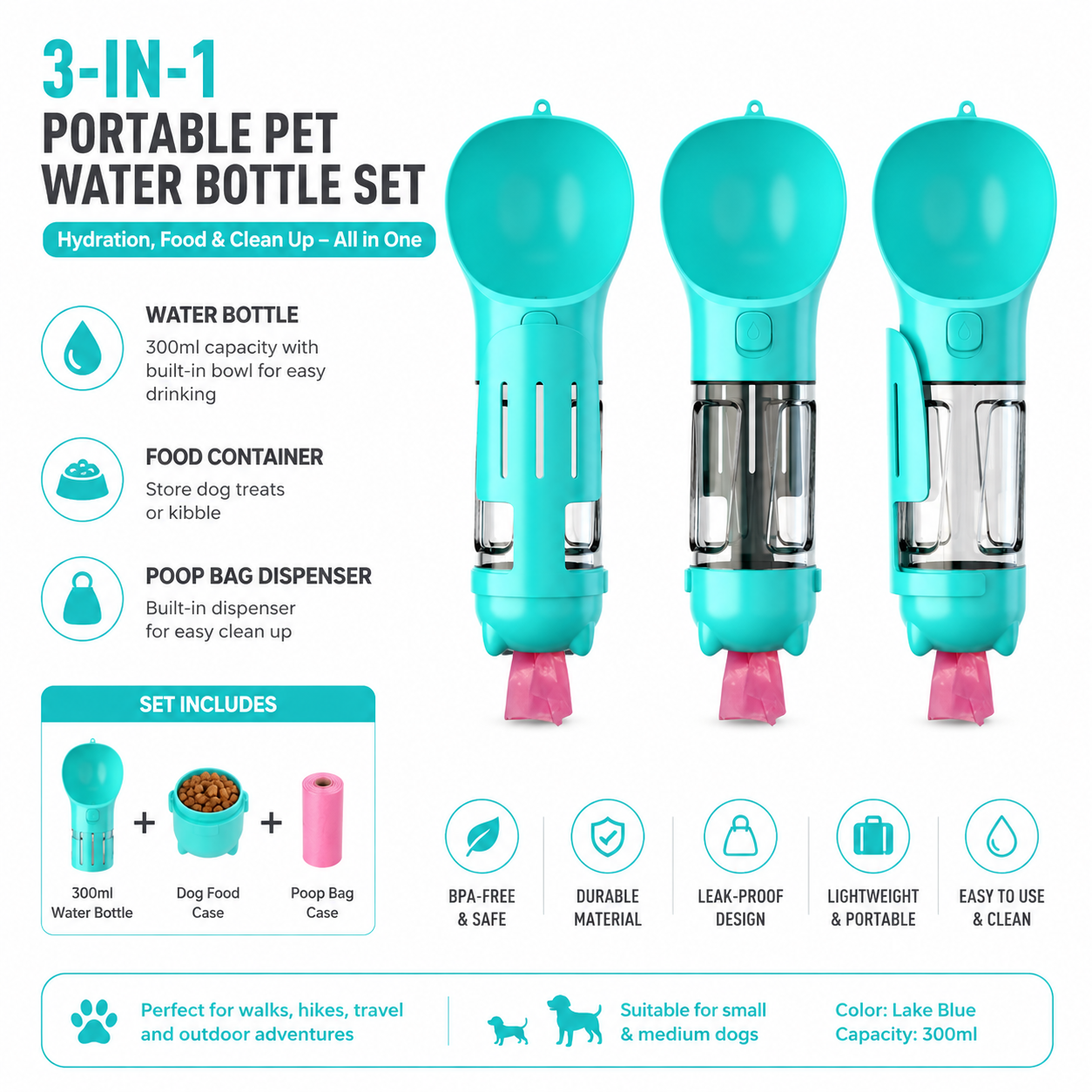3-in-1 Portable Dog Water Bottle & Travel Feeder