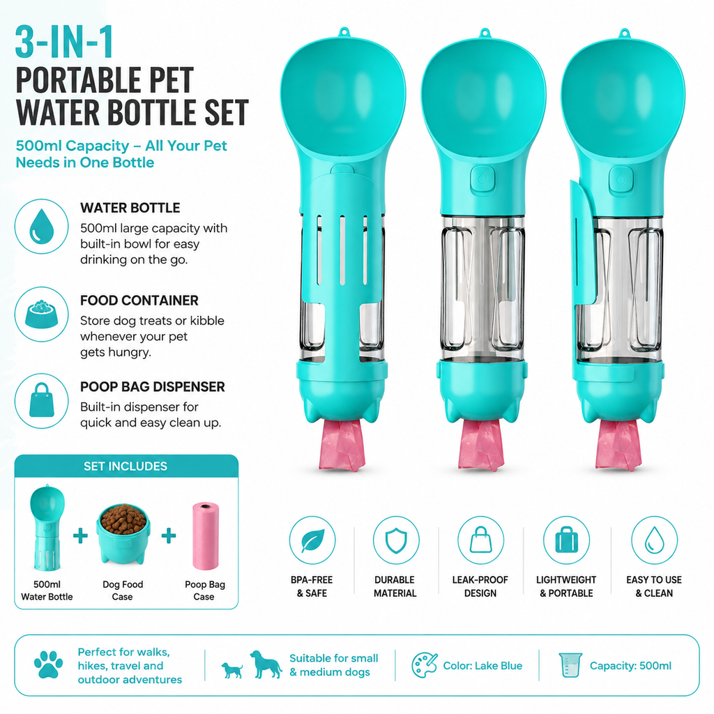 3-in-1 Portable Dog Water Bottle & Travel Feeder