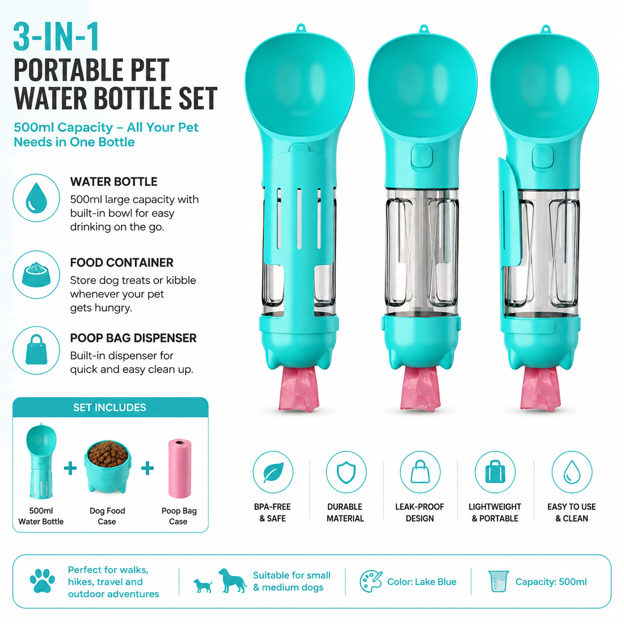 3-in-1 Portable Dog Water Bottle & Travel Feeder