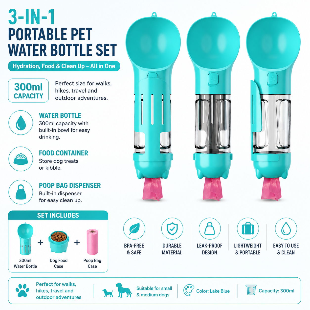 3-in-1 Portable Dog Water Bottle & Travel Feeder