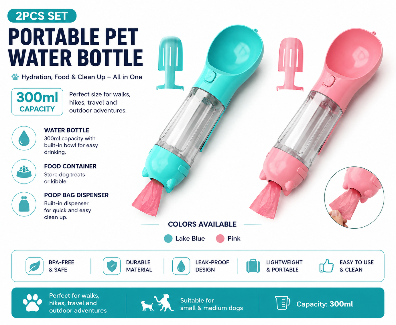 3-in-1 Portable Dog Water Bottle & Travel Feeder