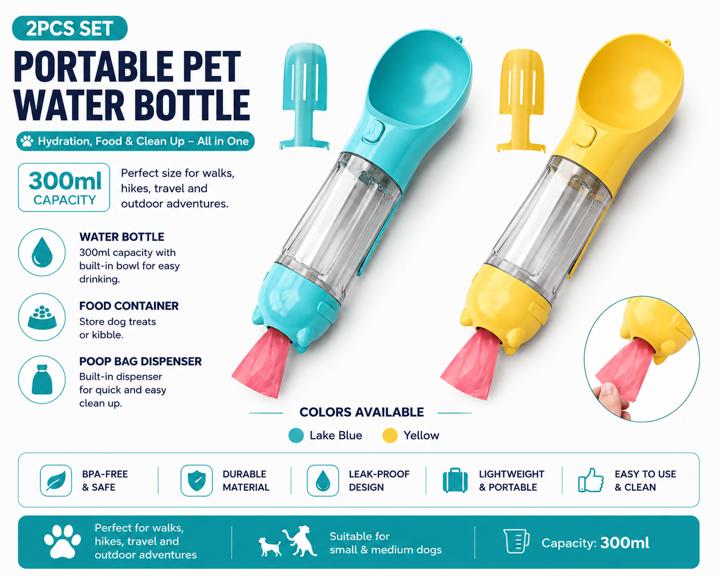 3-in-1 Portable Dog Water Bottle & Travel Feeder