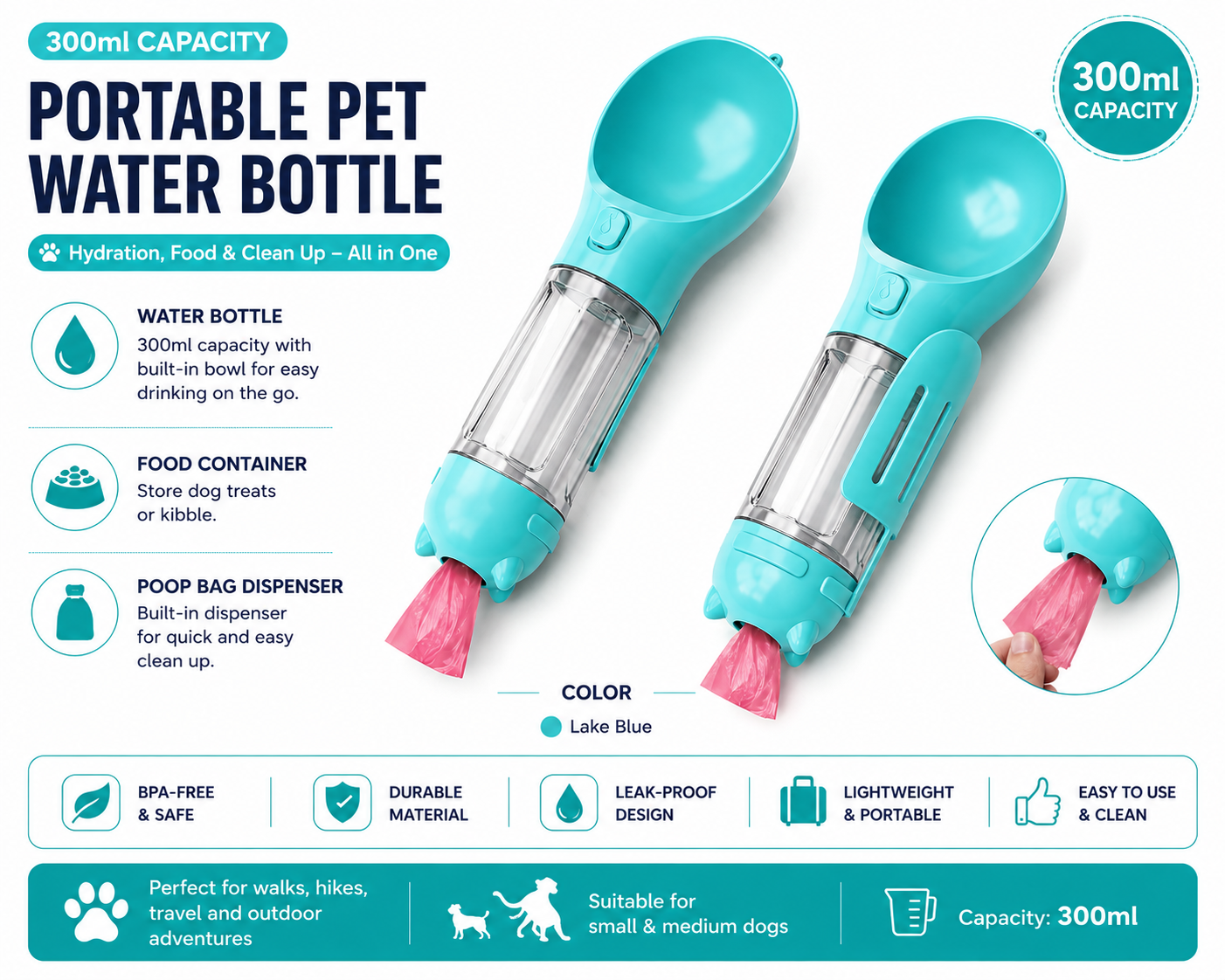 3-in-1 Portable Dog Water Bottle & Travel Feeder
