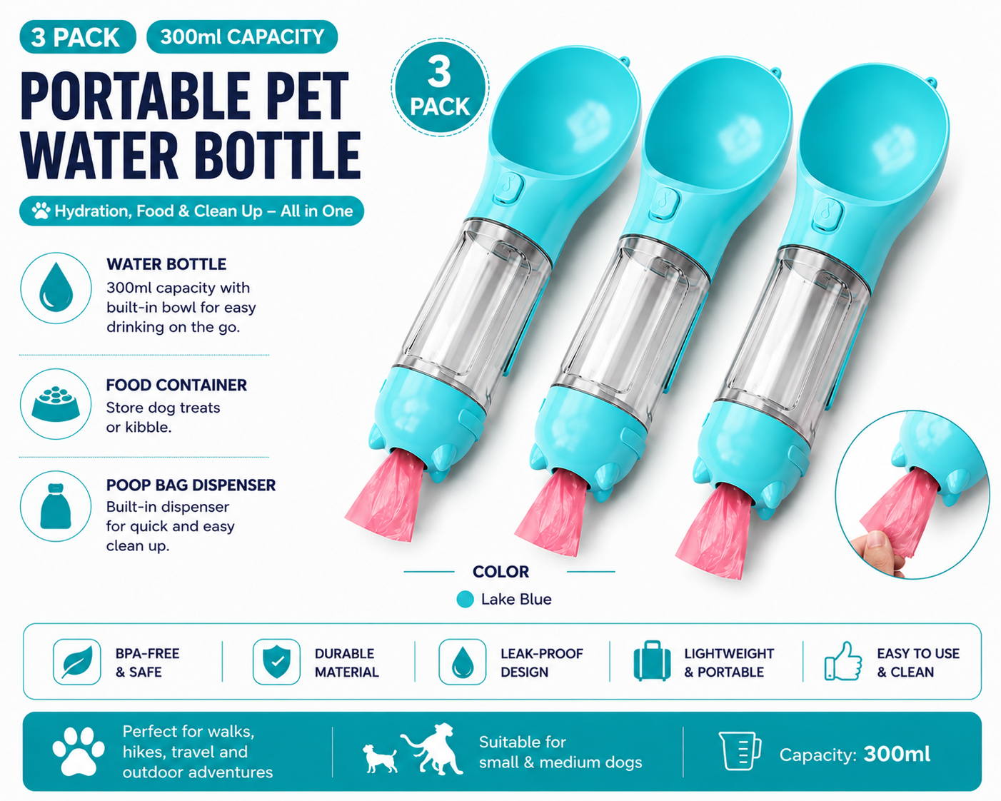 3-in-1 Portable Dog Water Bottle & Travel Feeder