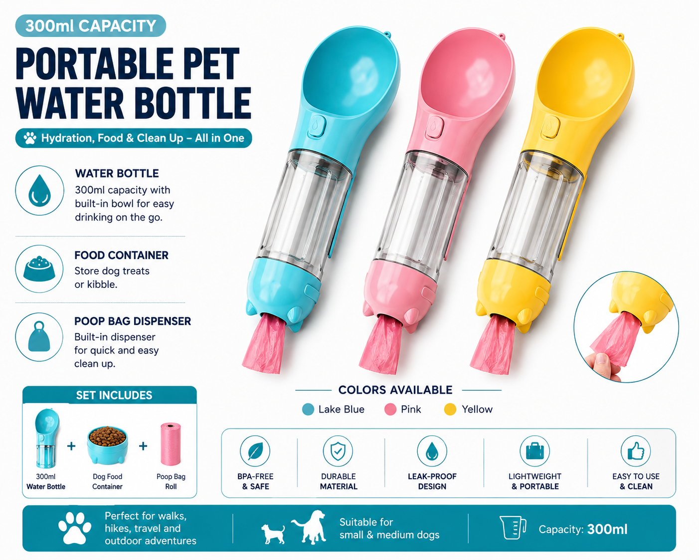 3-in-1 Portable Dog Water Bottle & Travel Feeder