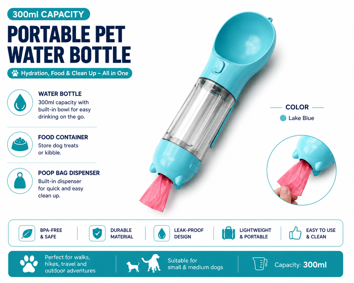 3-in-1 Portable Dog Water Bottle & Travel Feeder