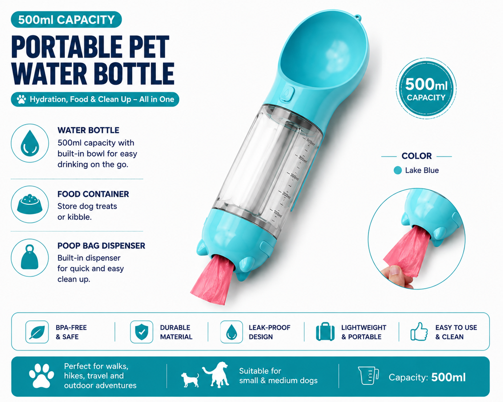3-in-1 Portable Dog Water Bottle & Travel Feeder