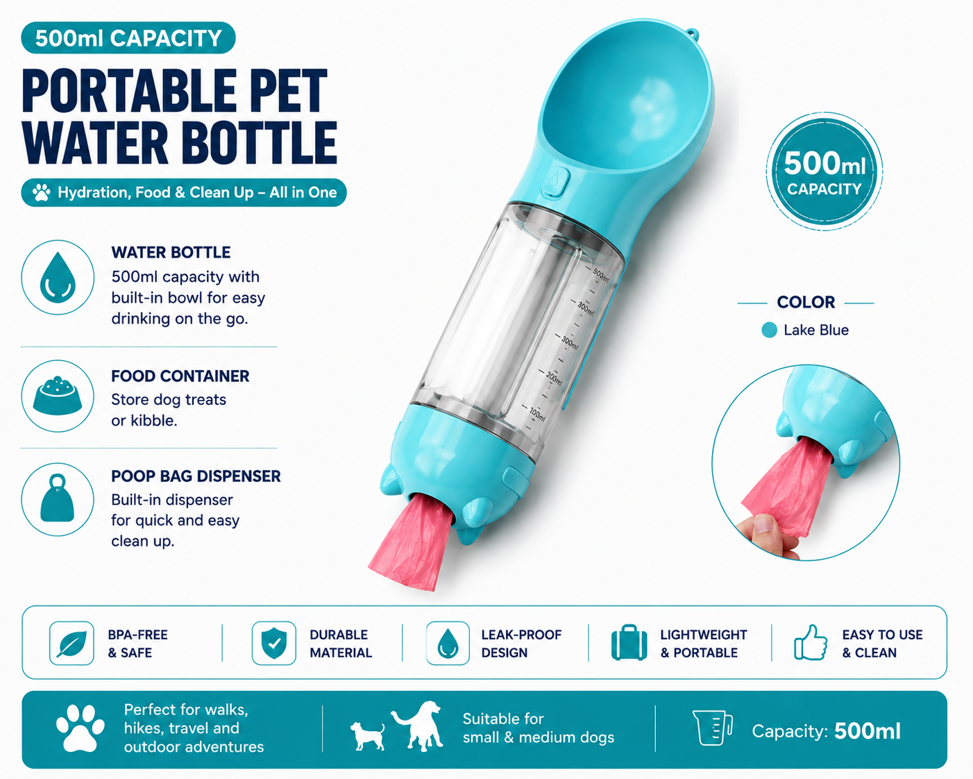 3-in-1 Portable Dog Water Bottle & Travel Feeder