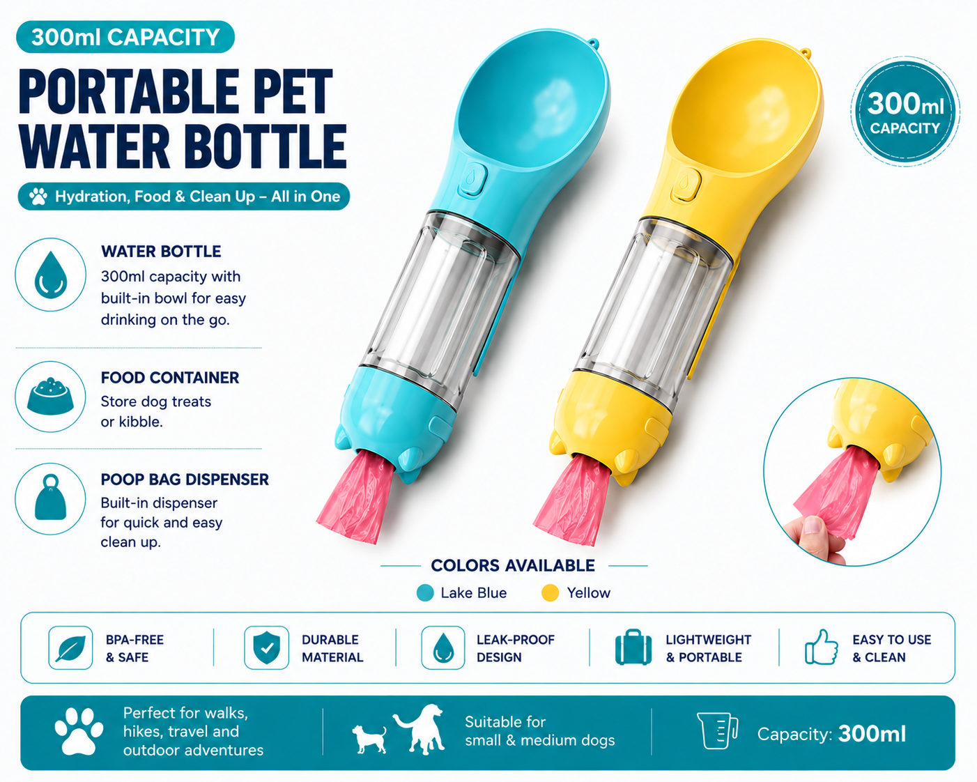 3-in-1 Portable Dog Water Bottle & Travel Feeder