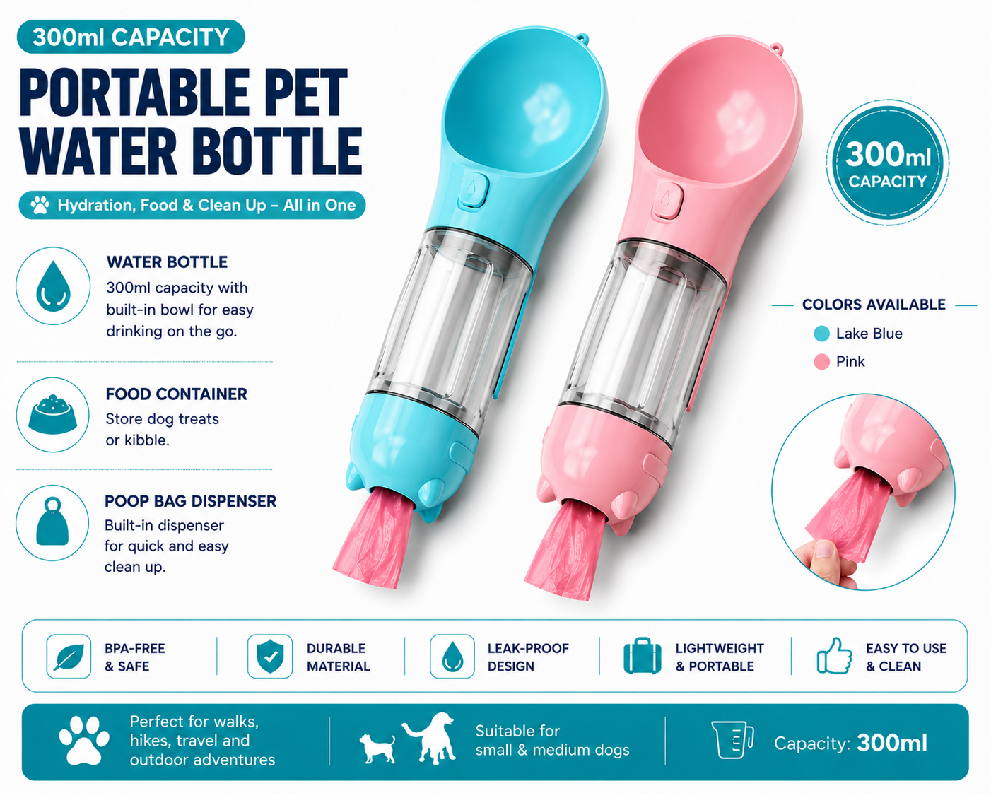 3-in-1 Portable Dog Water Bottle & Travel Feeder