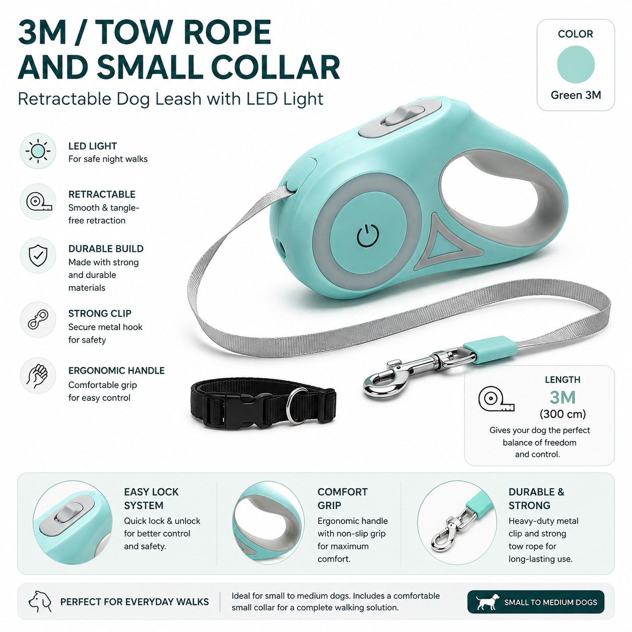 Retractable Dog Leash with LED Light | 3M & 5M