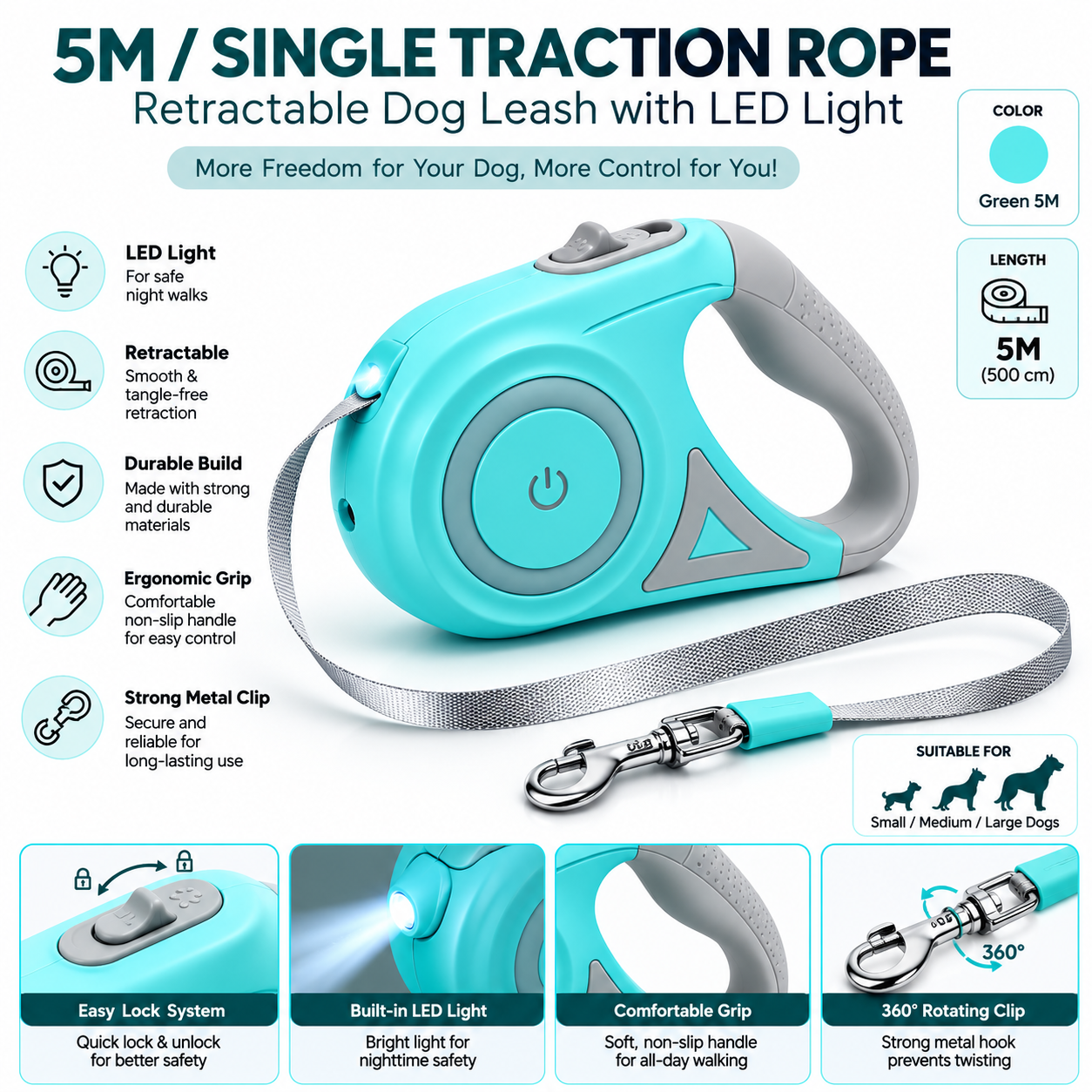 Retractable Dog Leash with LED Light | 3M & 5M