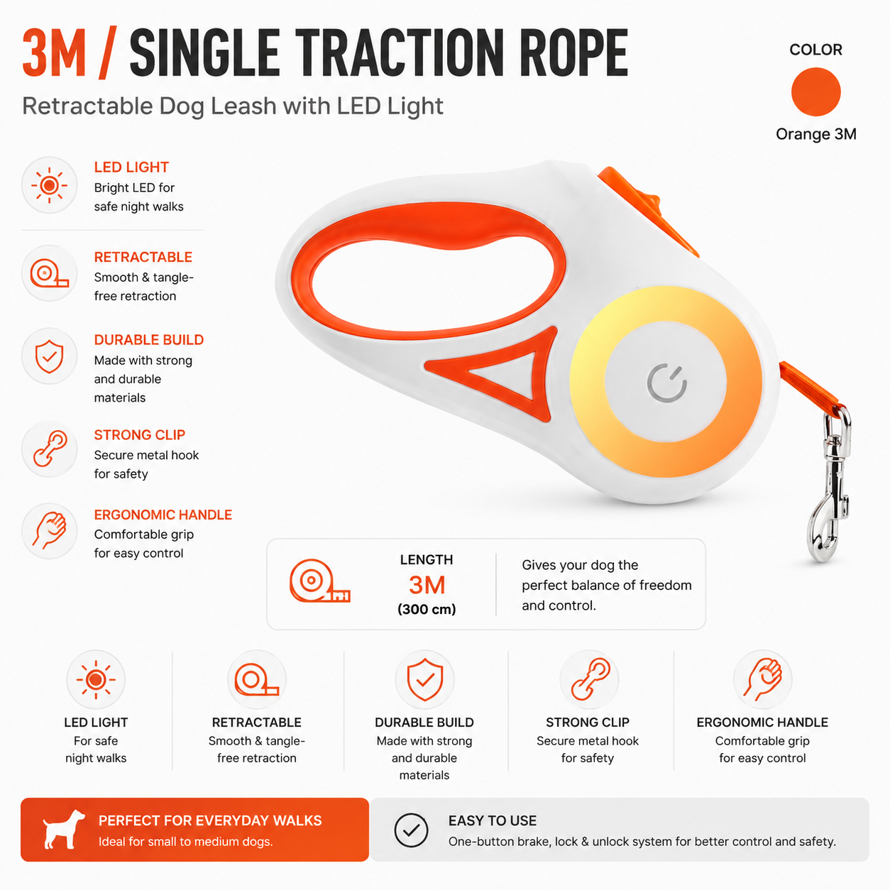 Retractable Dog Leash with LED Light | 3M & 5M