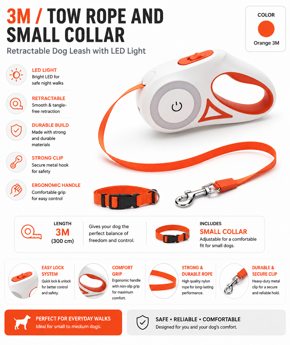 Retractable Dog Leash with LED Light | 3M & 5M