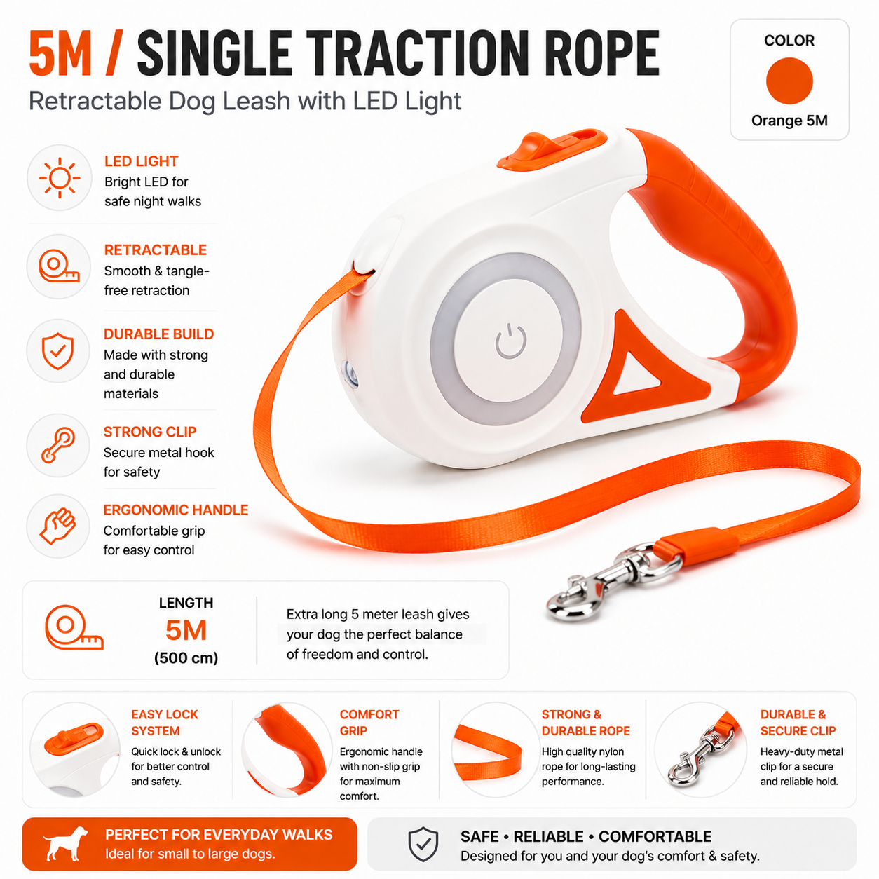 Retractable Dog Leash with LED Light | 3M & 5M