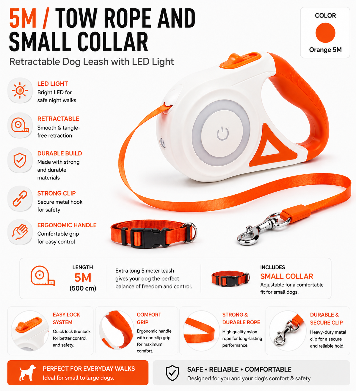 Retractable Dog Leash with LED Light | 3M & 5M