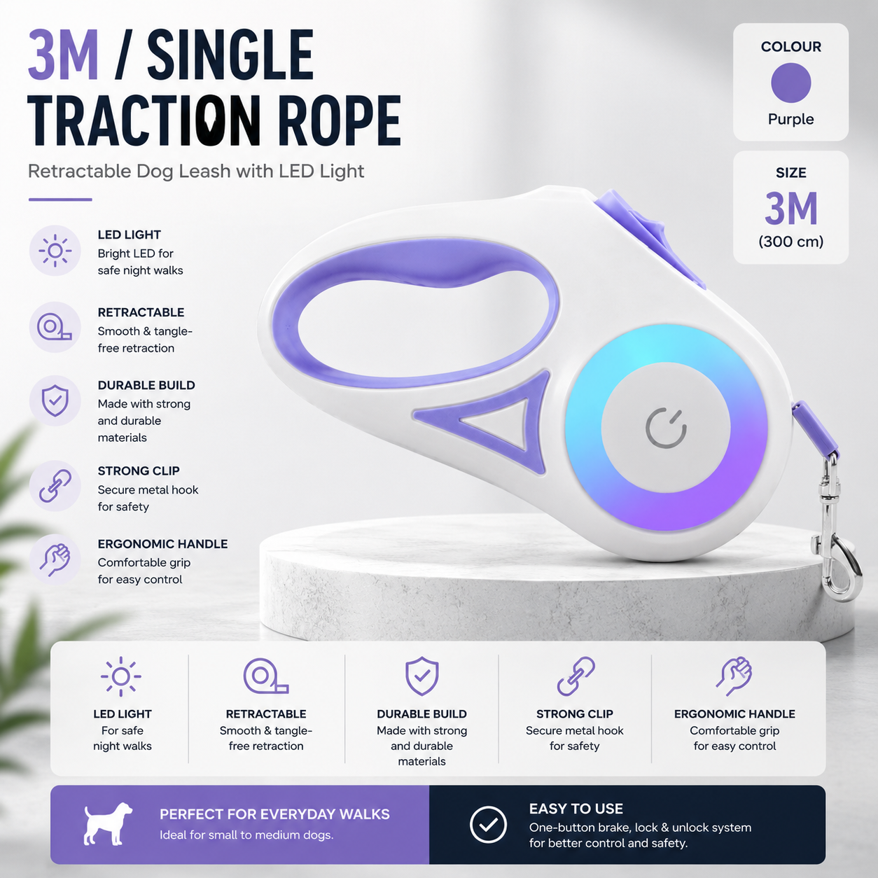 Retractable Dog Leash with LED Light | 3M & 5M