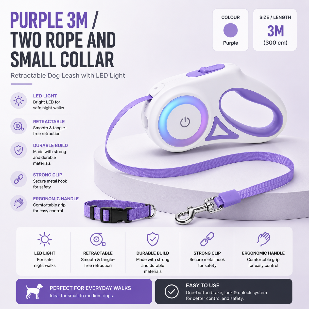 Retractable Dog Leash with LED Light | 3M & 5M