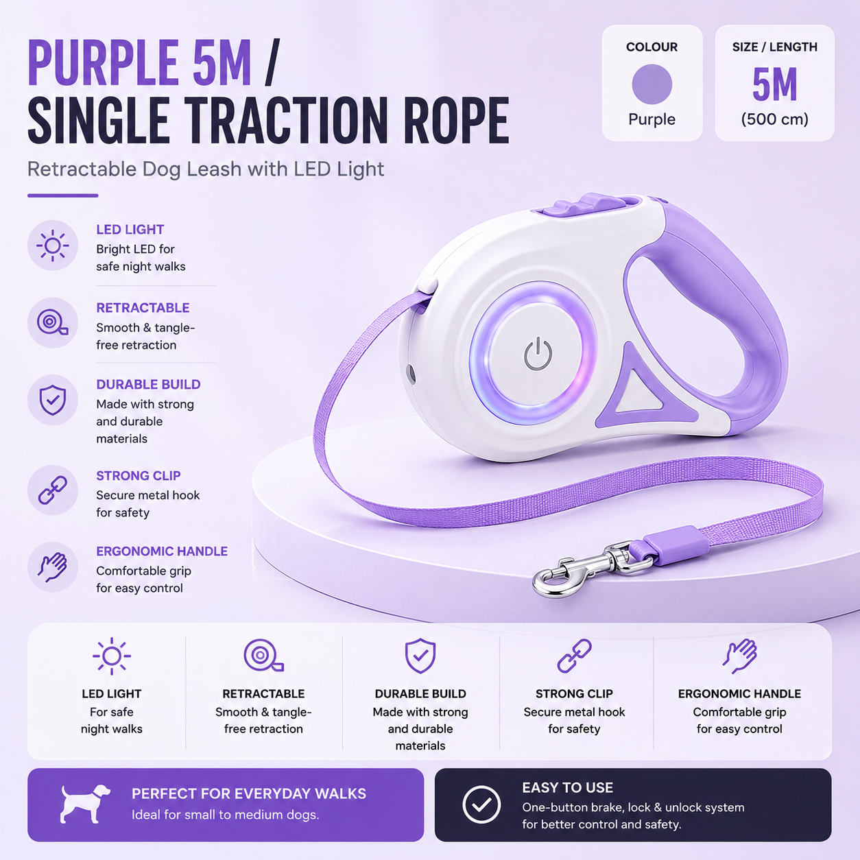 Retractable Dog Leash with LED Light | 3M & 5M
