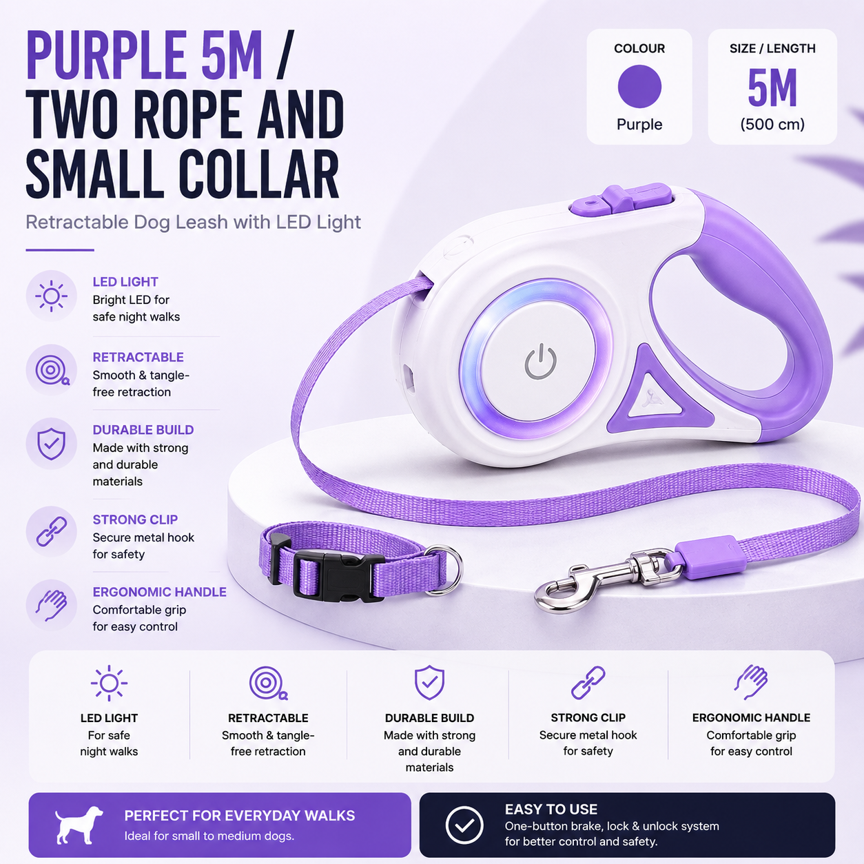 Retractable Dog Leash with LED Light | 3M & 5M